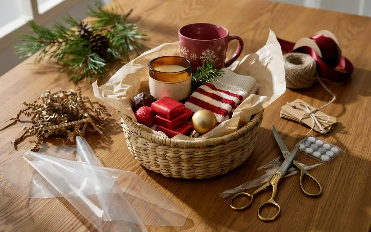 Woven Christmas gift basket with a mug, candle, socks, chocolates, and ornaments being assembled on a table.