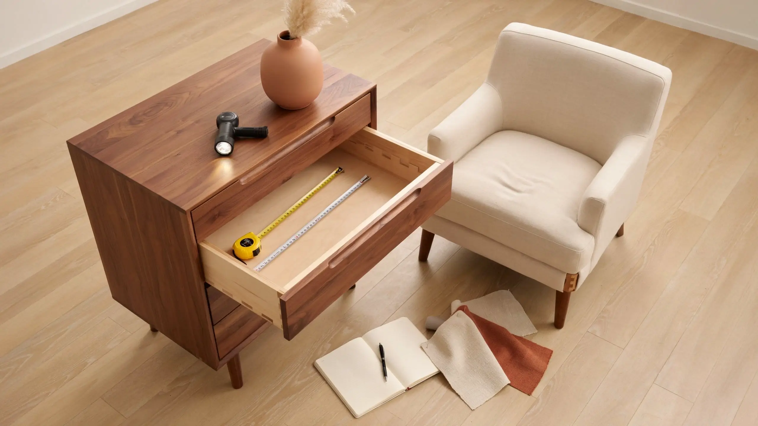 Open walnut dresser drawer with tape measures and a flashlight during a furniture quality check.