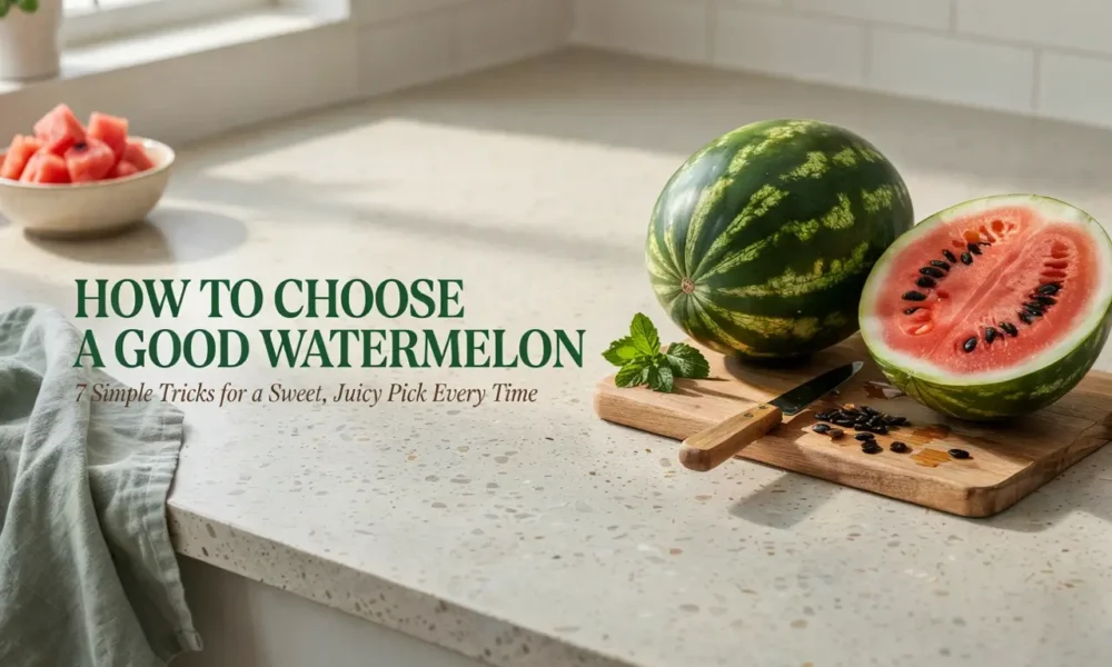 Whole and sliced ripe watermelon on a kitchen counter showing how to choose a sweet, juicy watermelon.
