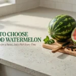 Whole and sliced ripe watermelon on a kitchen counter showing how to choose a sweet, juicy watermelon.