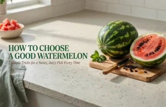 Whole and sliced ripe watermelon on a kitchen counter showing how to choose a sweet, juicy watermelon.