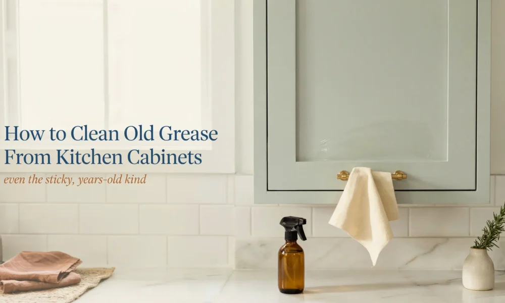 How to clean old grease from kitchen cabinets using a DIY degreasing spray bottle and a soft cleaning cloth, set against a modern subway tile backsplash.