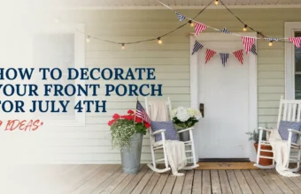 Front porch decorated for July 4th with patriotic bunting, string lights, flowers, and white rocking chairs.