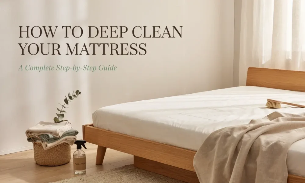 Clean mattress in a bright bedroom with a brush and spray bottle for a step-by-step deep cleaning guide.
