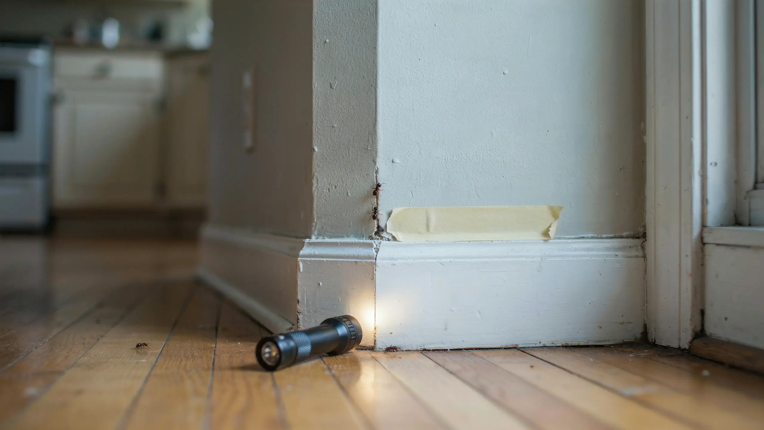 Black flashlight pointing at baseboard corner crack where ants are entering, revealing pest entry point for home inspection.