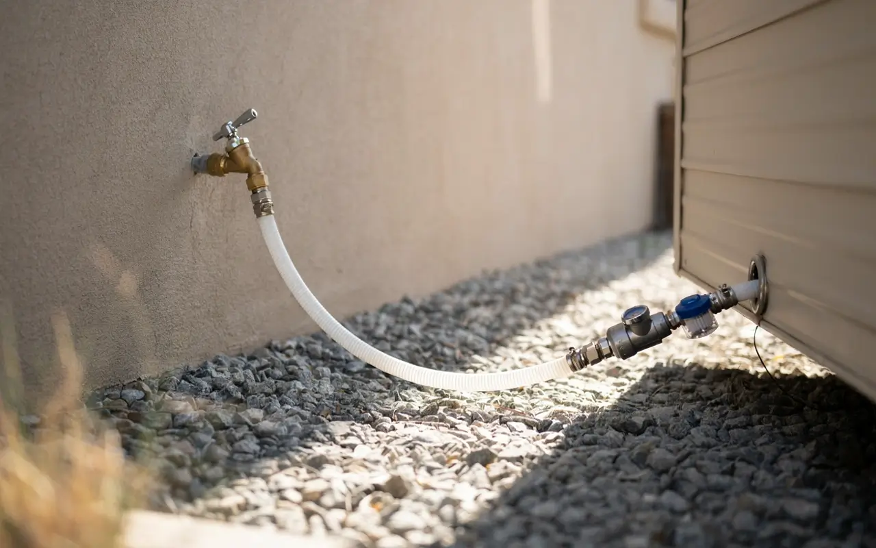 RV water hookup hose connected from an outdoor faucet to a camper at home.