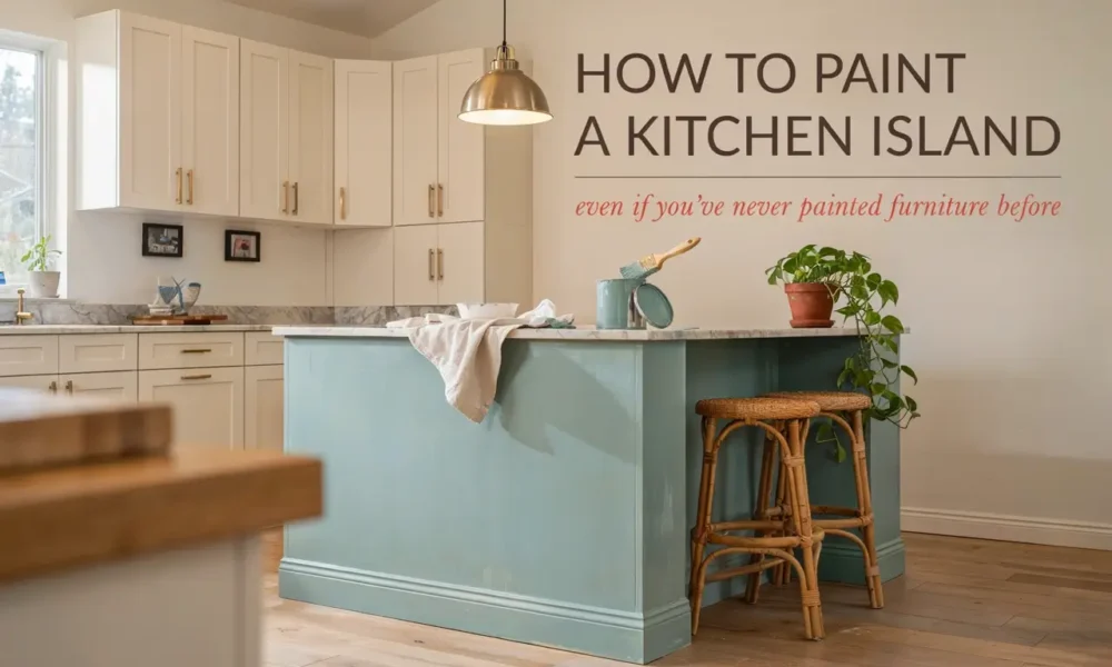 Modern white kitchen with a blue painted kitchen island, showing a DIY tutorial for painting a kitchen island.