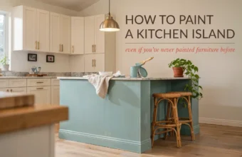 Modern white kitchen with a blue painted kitchen island, showing a DIY tutorial for painting a kitchen island.