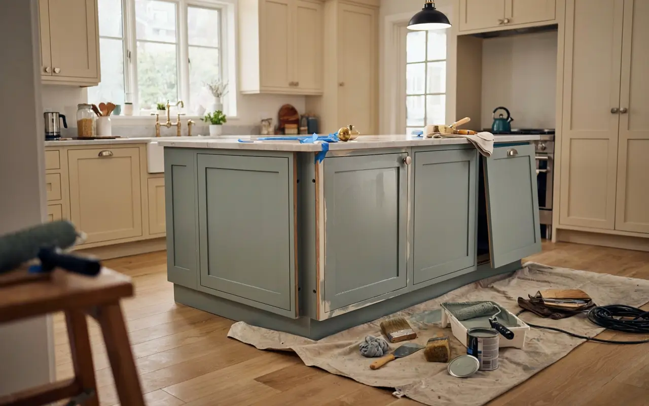 Partially painted sage green kitchen island with tape, drop cloth, brushes, and paint tools