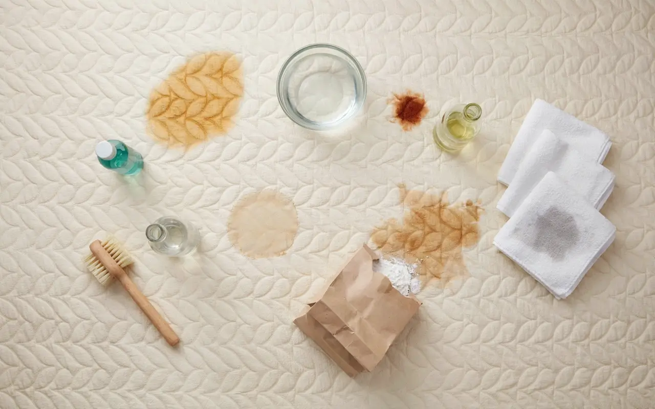 Alt Text: Stained mattress surrounded by towels, a scrub brush, powder, water, and cleaning solutions.