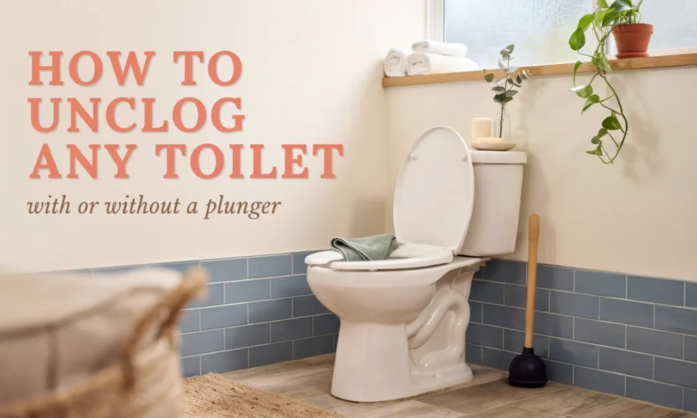 Clean white toilet with open lid and a black rubber plunger in a modern bathroom, illustrating a guide on how to unclog any toilet with or without a plunger