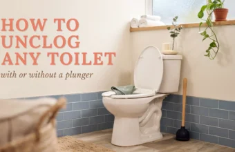 Clean white toilet with open lid and a black rubber plunger in a modern bathroom, illustrating a guide on how to unclog any toilet with or without a plunger