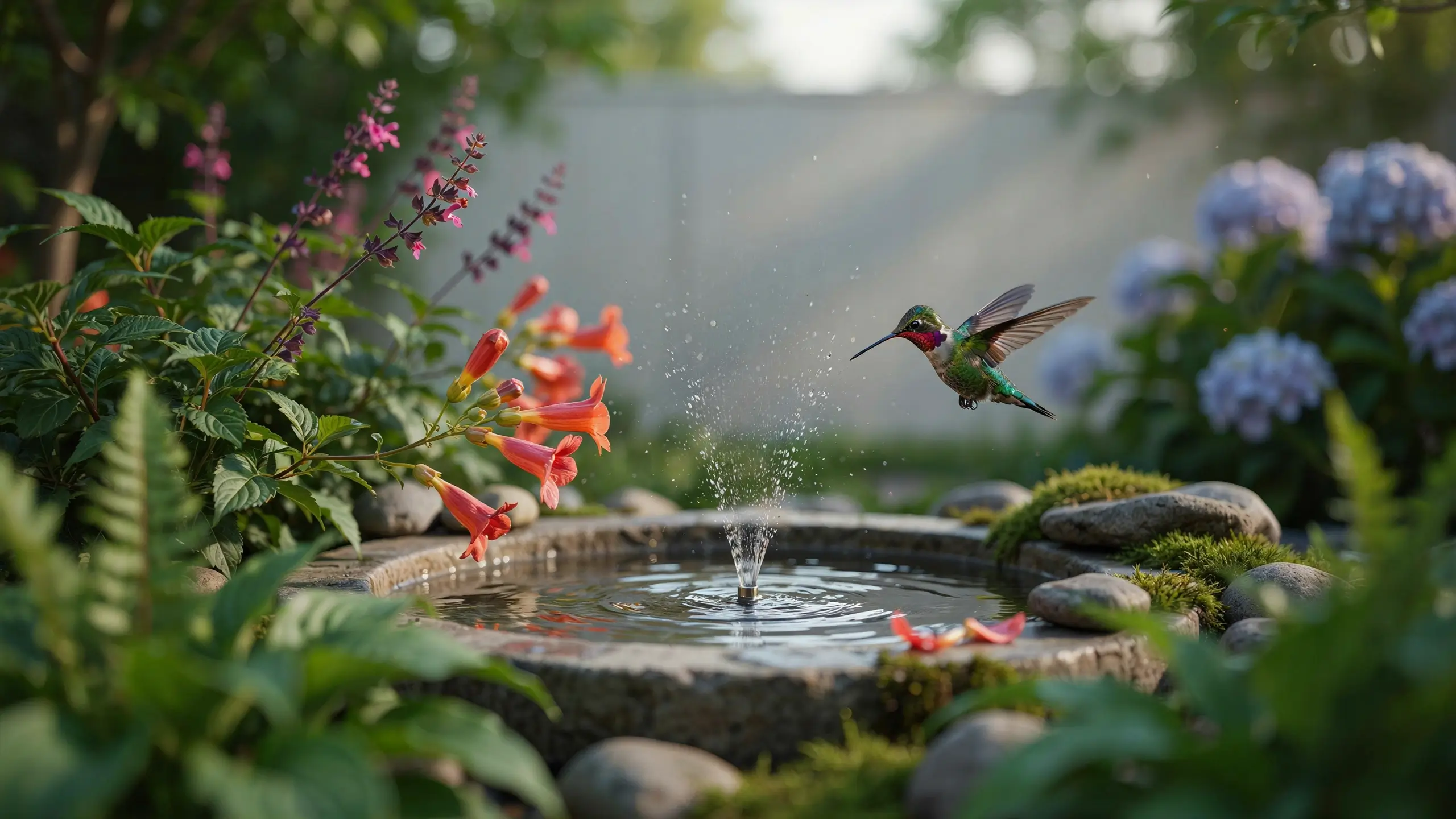 A vibrant hummingbird with shimmering green and pink feathers hovering mid-air above a small splashing stone garden water fountain, surrounded by orange trumpet flowers and lush green foliage.