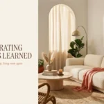 A warm, organic modern living room with a cream boucle sofa, dusty rose throw blanket, and arched window, visually representing the concept "if I had to redecorate my living room again" with a stylized text overlay.