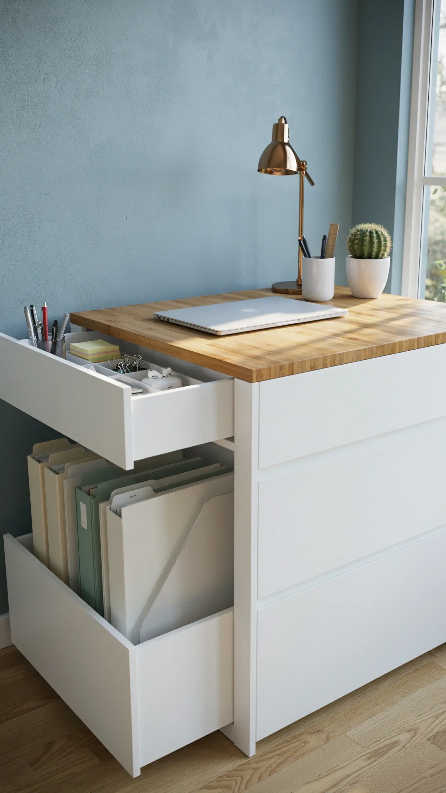 White IKEA ALEX drawer unit used as a base for a minimalist desk with a light wood top, open drawers showing pens and hanging file folders, a brass desk lamp, and a small cactus against a blue wall. 