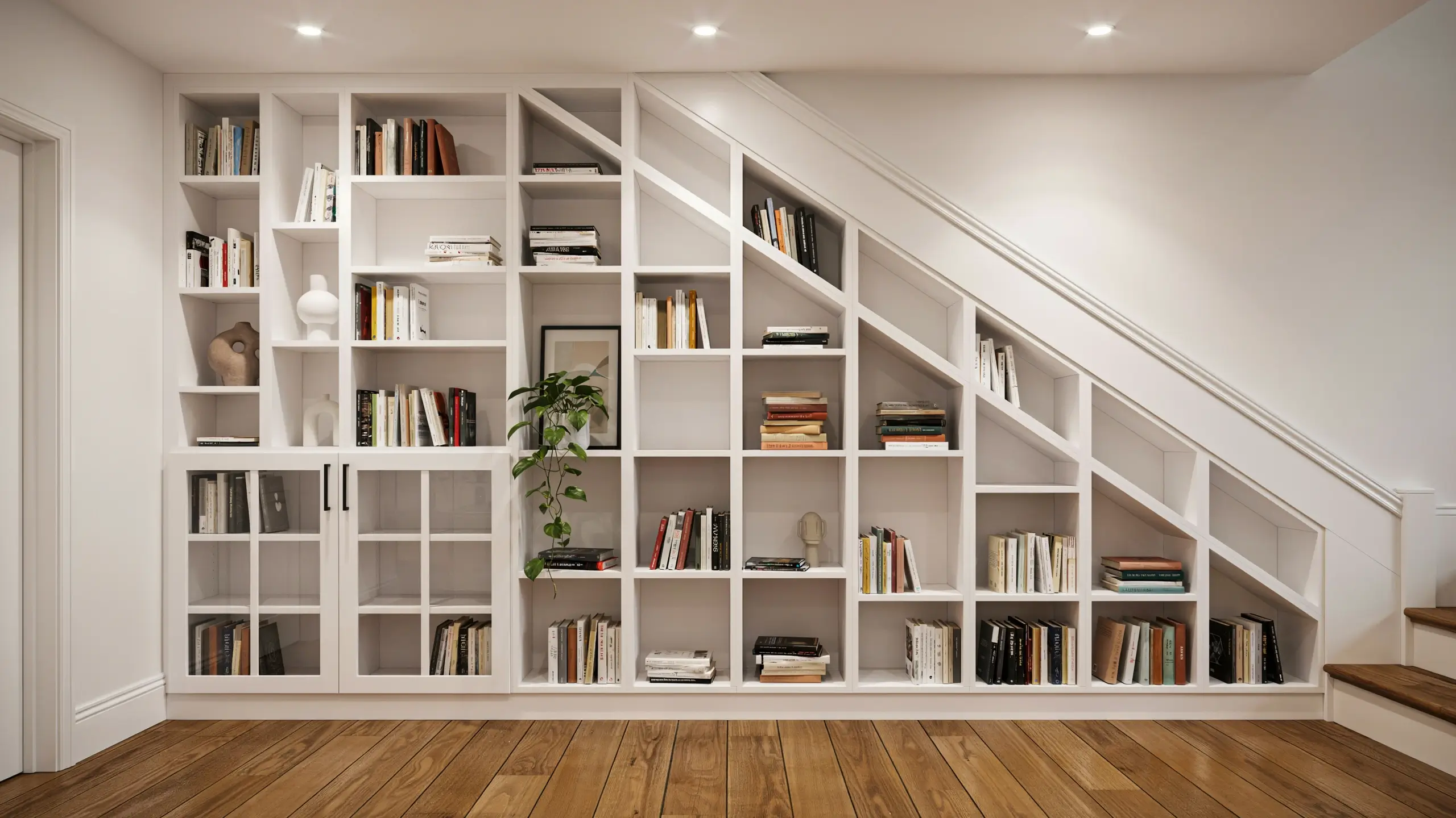 Custom white IKEA BILLY bookcase trimmed to fit an under-stair slope, featuring open bookshelves, a trailing plant, and glass-fronted cabinets on the lower left.