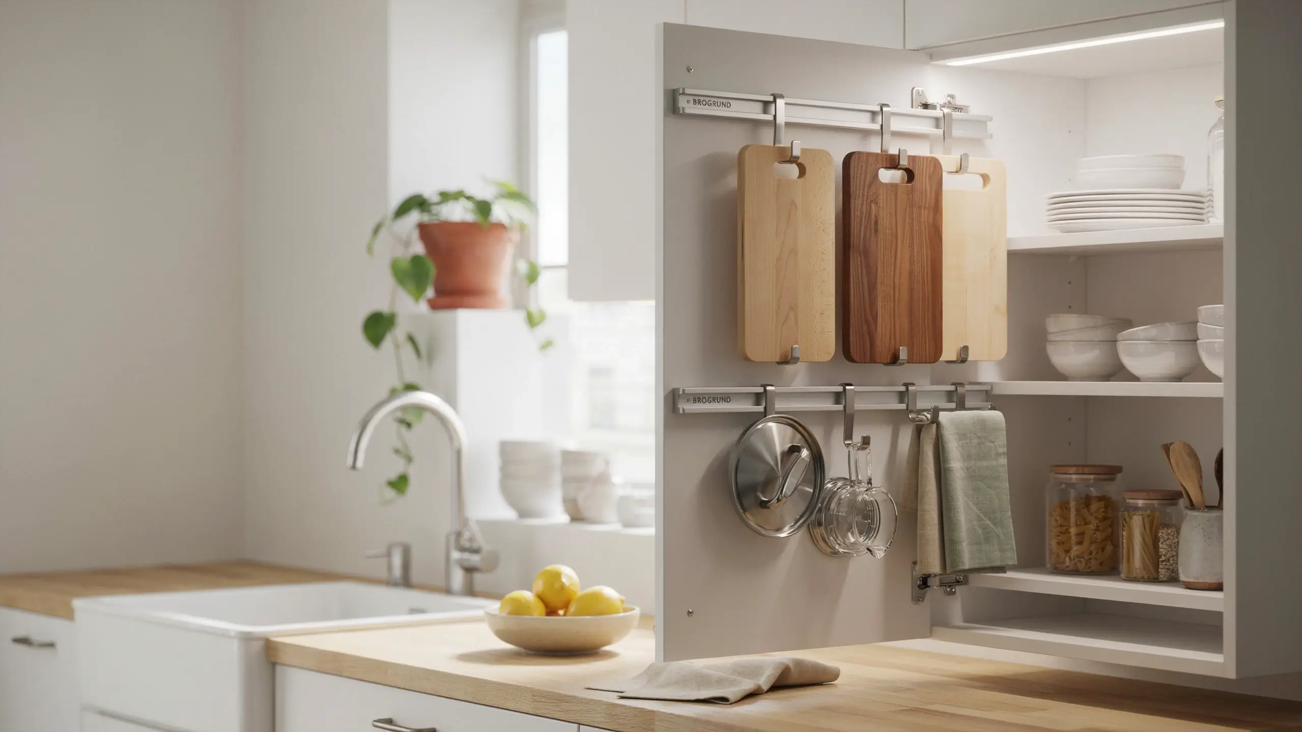 IKEA BROGRUND stainless steel rails mounted inside a white kitchen cabinet door holding wooden cutting boards, a pot lid, and dish towels for vertical space-saving storage.