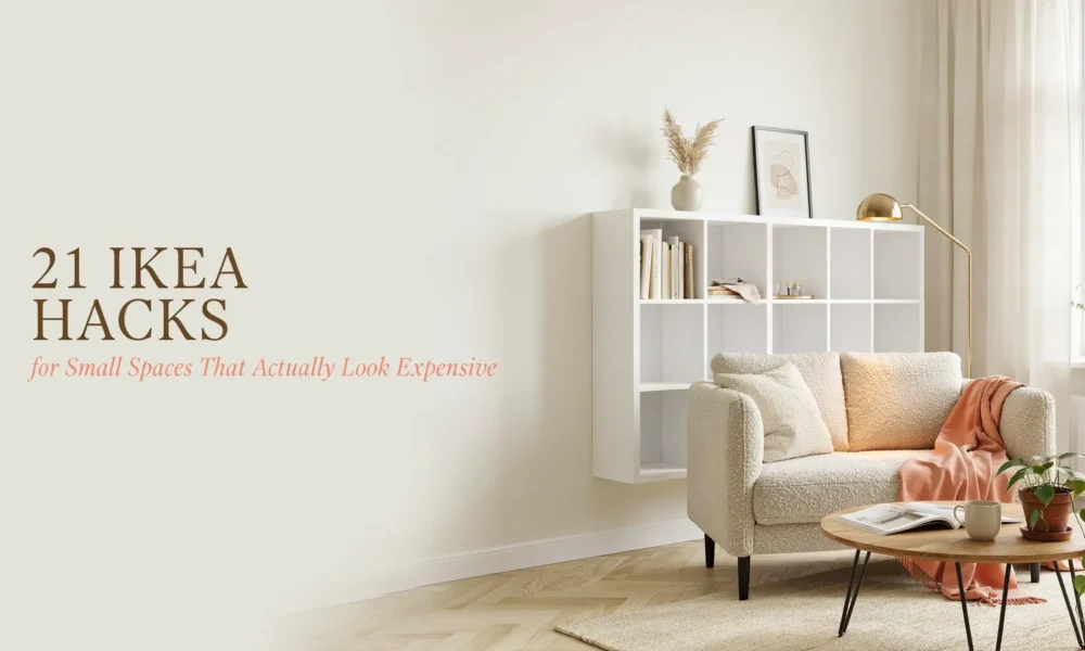 Bright small living room featuring a white floating IKEA shelving unit hack styled with minimal decor, next to a textured beige armchair and round wooden coffee table.