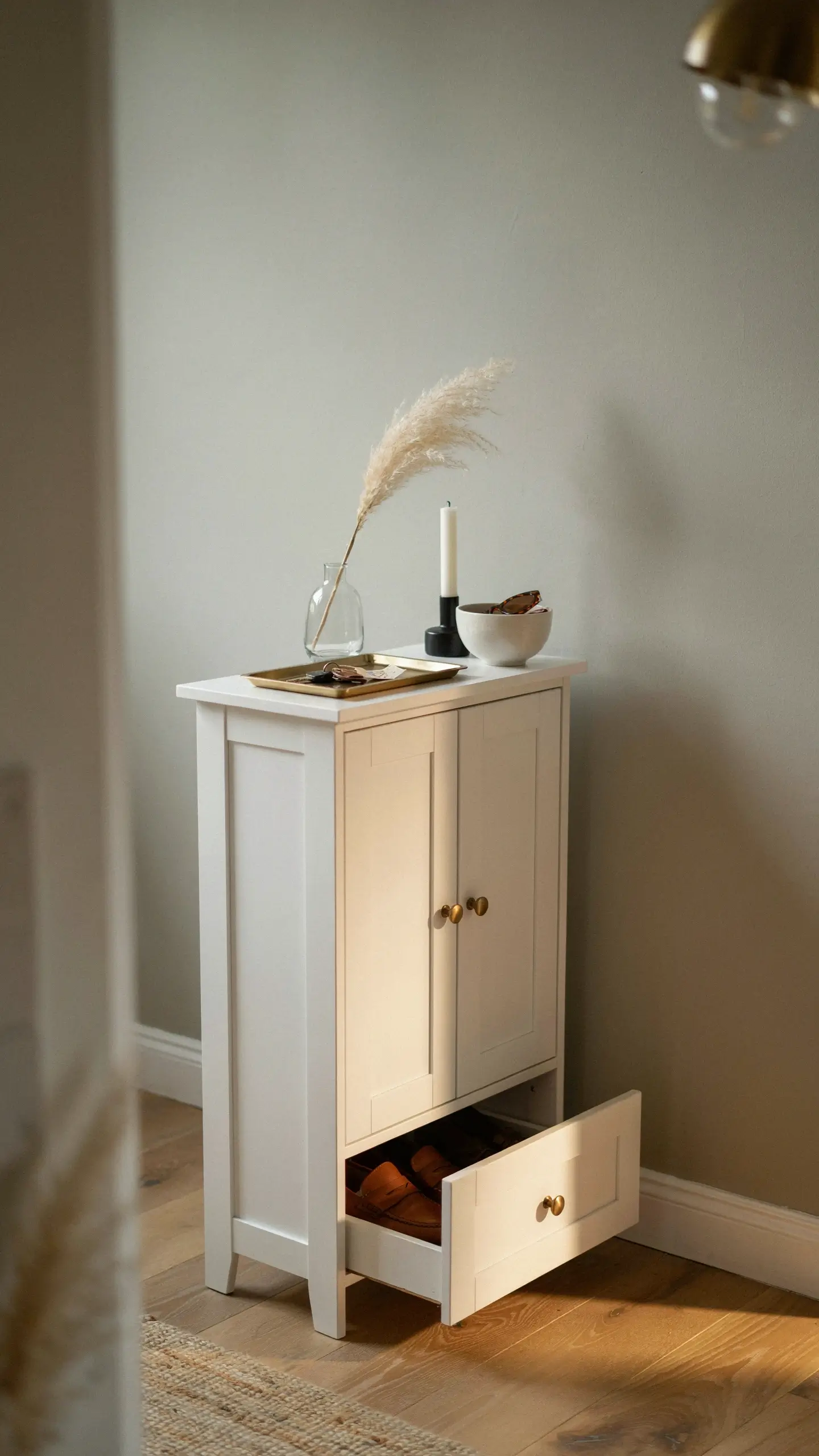 White IKEA HEMNES shoe cabinet with brass knobs on a light oak floor, styled with a pampas grass vase and candle, showing an open drawer with brown leather shoes in a minimalist hallway.