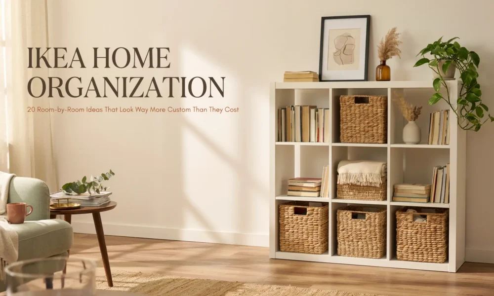 White IKEA cube shelving unit styled with woven wicker storage baskets, books, and a potted pothos plant inside a bright, sunlit living room for home organization.