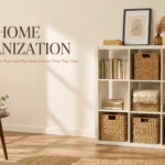 White IKEA cube shelving unit styled with woven wicker storage baskets, books, and a potted pothos plant inside a bright, sunlit living room for home organization.