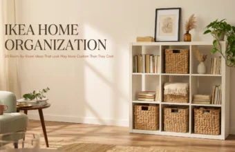 White IKEA cube shelving unit styled with woven wicker storage baskets, books, and a potted pothos plant inside a bright, sunlit living room for home organization.