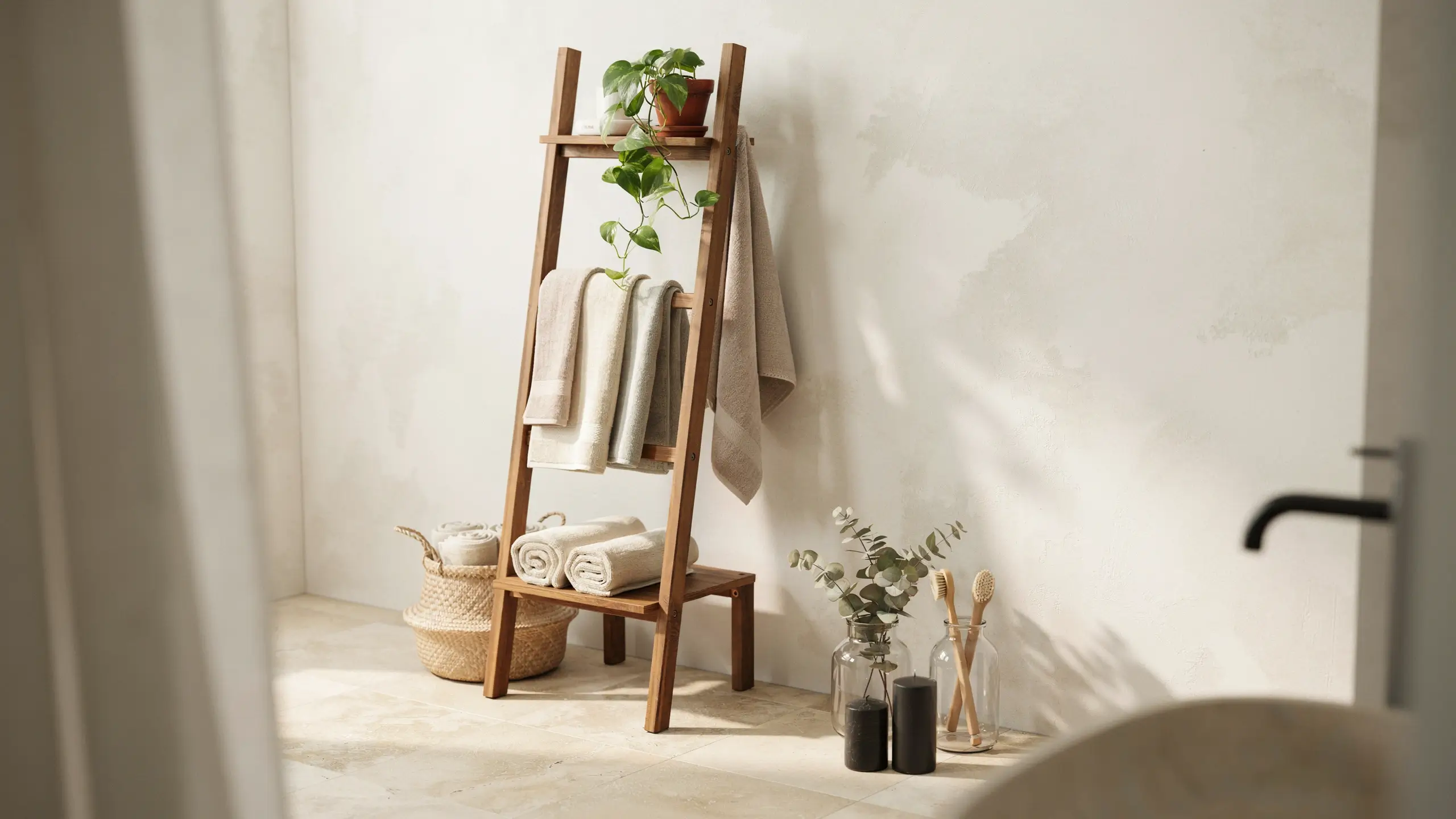 DIY repurposed IKEA IVAR ladder shelf transformed into a rustic wooden towel rack in a minimalist white bathroom, featuring layered beige towels, a woven basket, a potted green plant, and glass bottle accessories. 