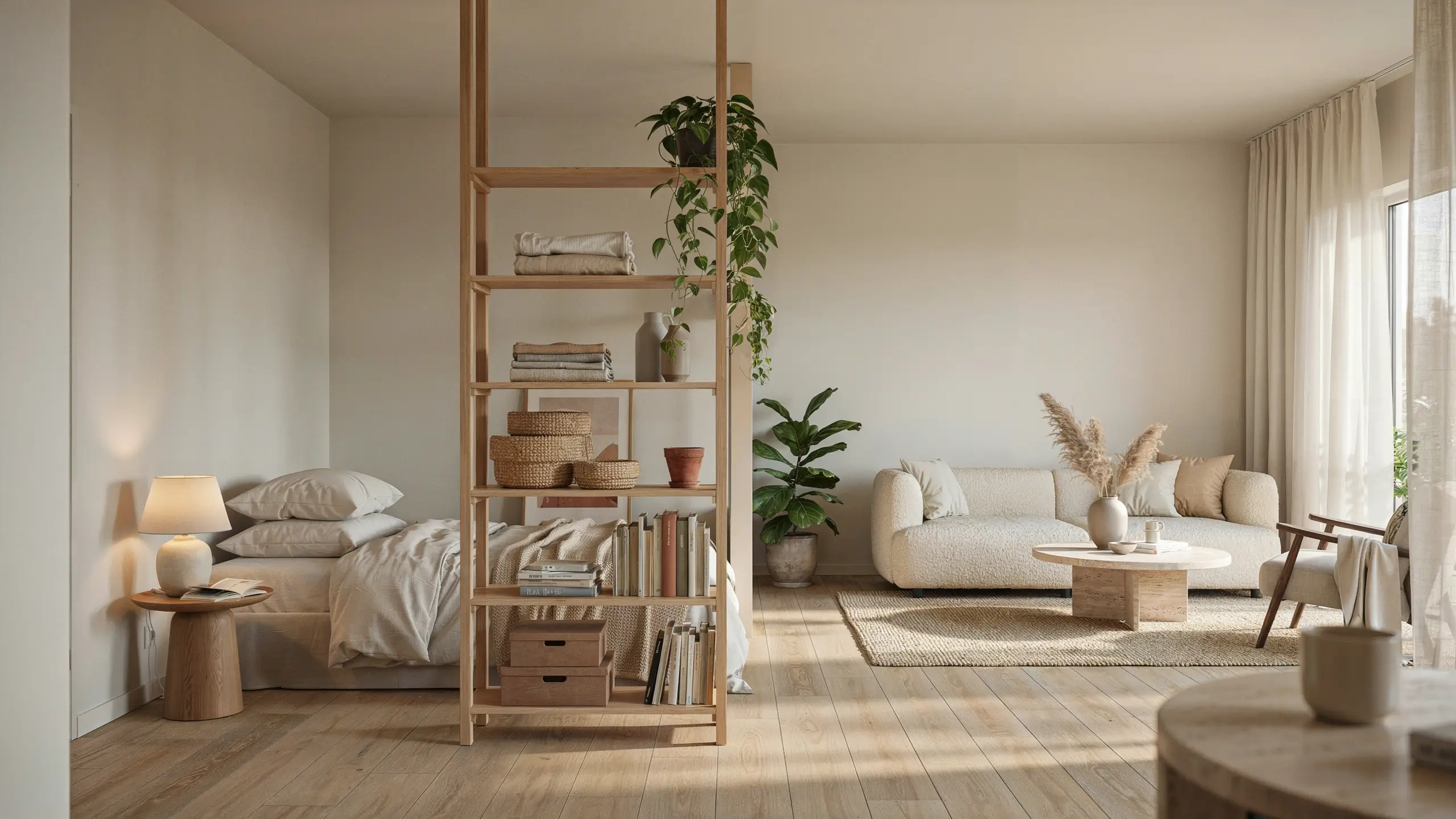IKEA IVAR open shelving unit used as a room divider, separating a neutral-toned bedroom from a living area with a boucle sofa and pampas grass.