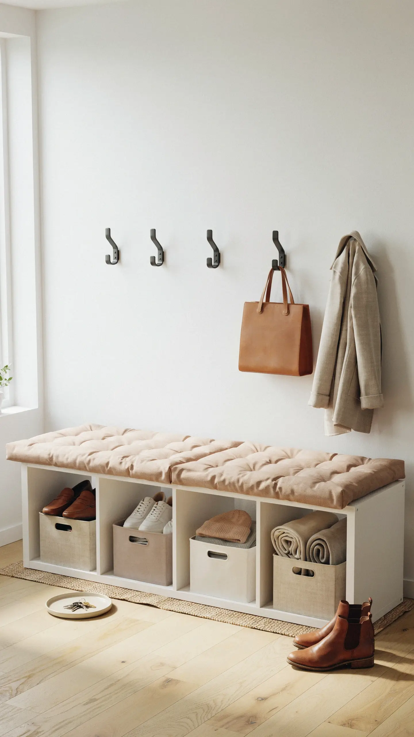 White IKEA KALLAX 4-cube shelving unit converted into a minimalist entryway storage bench with a beige tufted seat cushion, fitted with white fabric storage bins holding brown leather shoes and white sneakers, mounted below four black wall hooks displaying a tan leather tote bag and a beige trench coat, with brown Chelsea boots placed on a light oak hardwood floor in a bright hallway. 