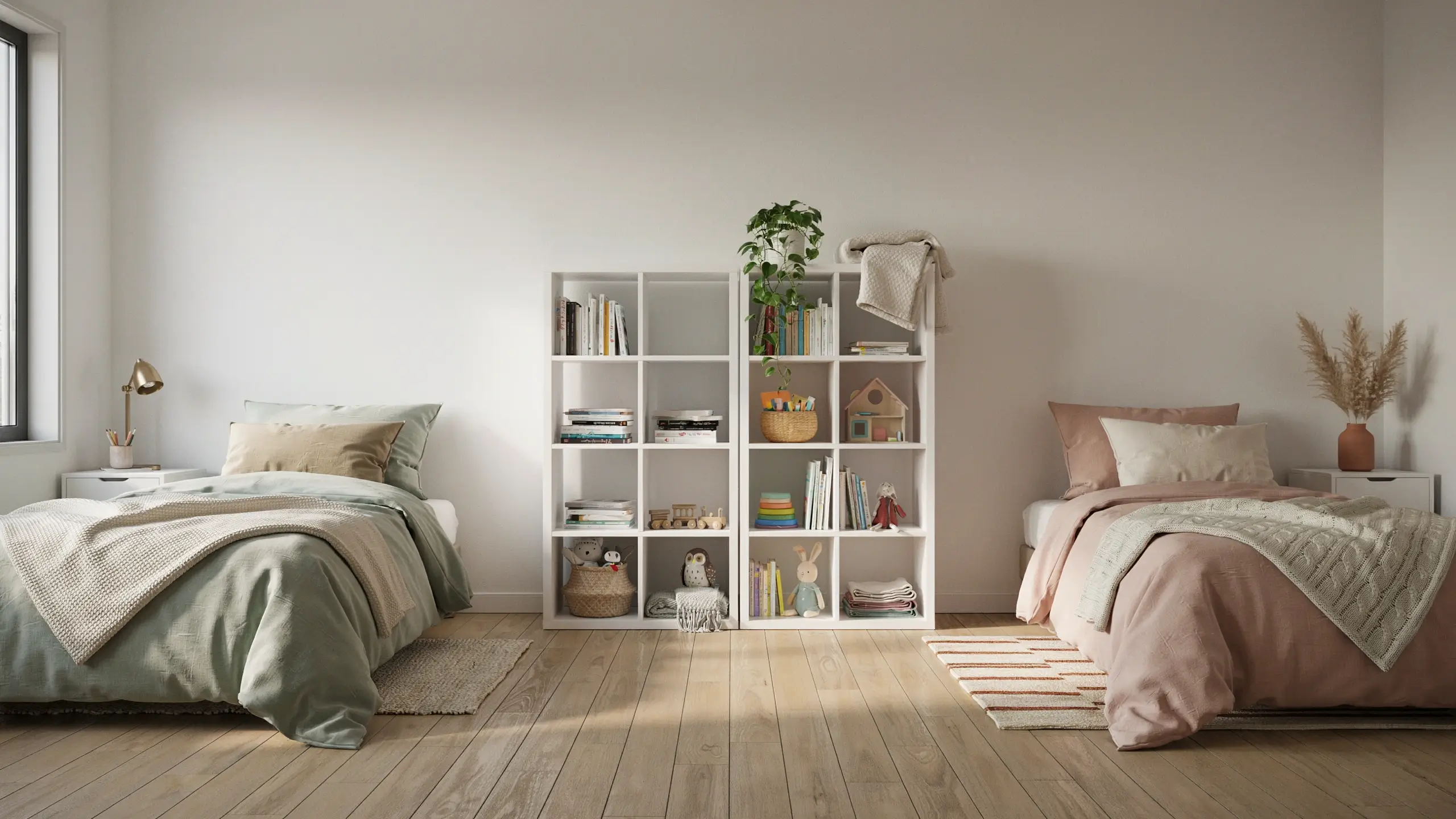 White IKEA KALLAX shelving unit used as a room divider in a shared sibling bedroom, organizing books, toys, and a plant between a green and pink twin bed. 