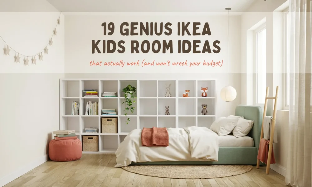 White IKEA shelving unit styled with toys, books, and plants next to a mint green upholstered bed in a bright, budget-friendly kids' room with a coral pouf, star string lights, and a round woven rug.