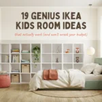 White IKEA shelving unit styled with toys, books, and plants next to a mint green upholstered bed in a bright, budget-friendly kids' room with a coral pouf, star string lights, and a round woven rug.