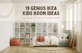 White IKEA shelving unit styled with toys, books, and plants next to a mint green upholstered bed in a bright, budget-friendly kids' room with a coral pouf, star string lights, and a round woven rug.