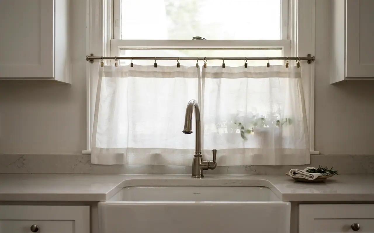 Sheer white café curtain clipped over a kitchen sink window above a farmhouse sink.