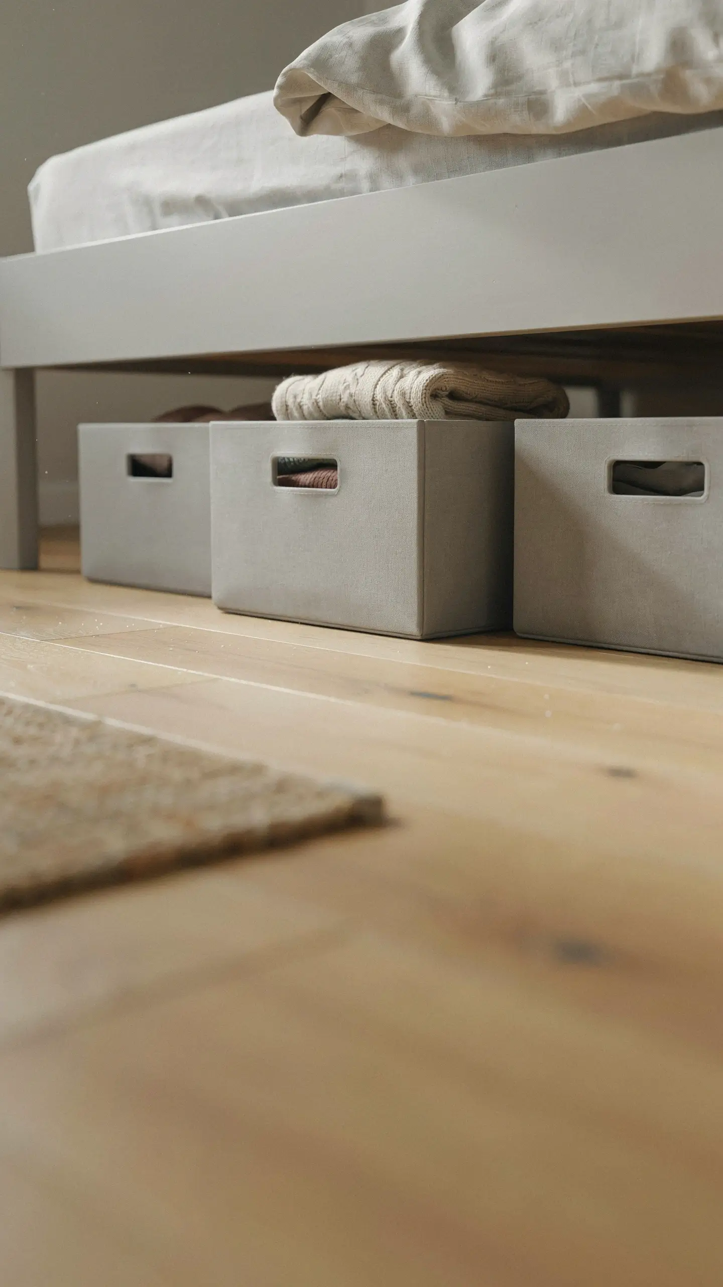 Light grey IKEA SKUBB storage boxes with cutout handles sitting under a white bed frame, holding a folded beige knitted sweater and organized accessories, resting on a natural wood floor. 