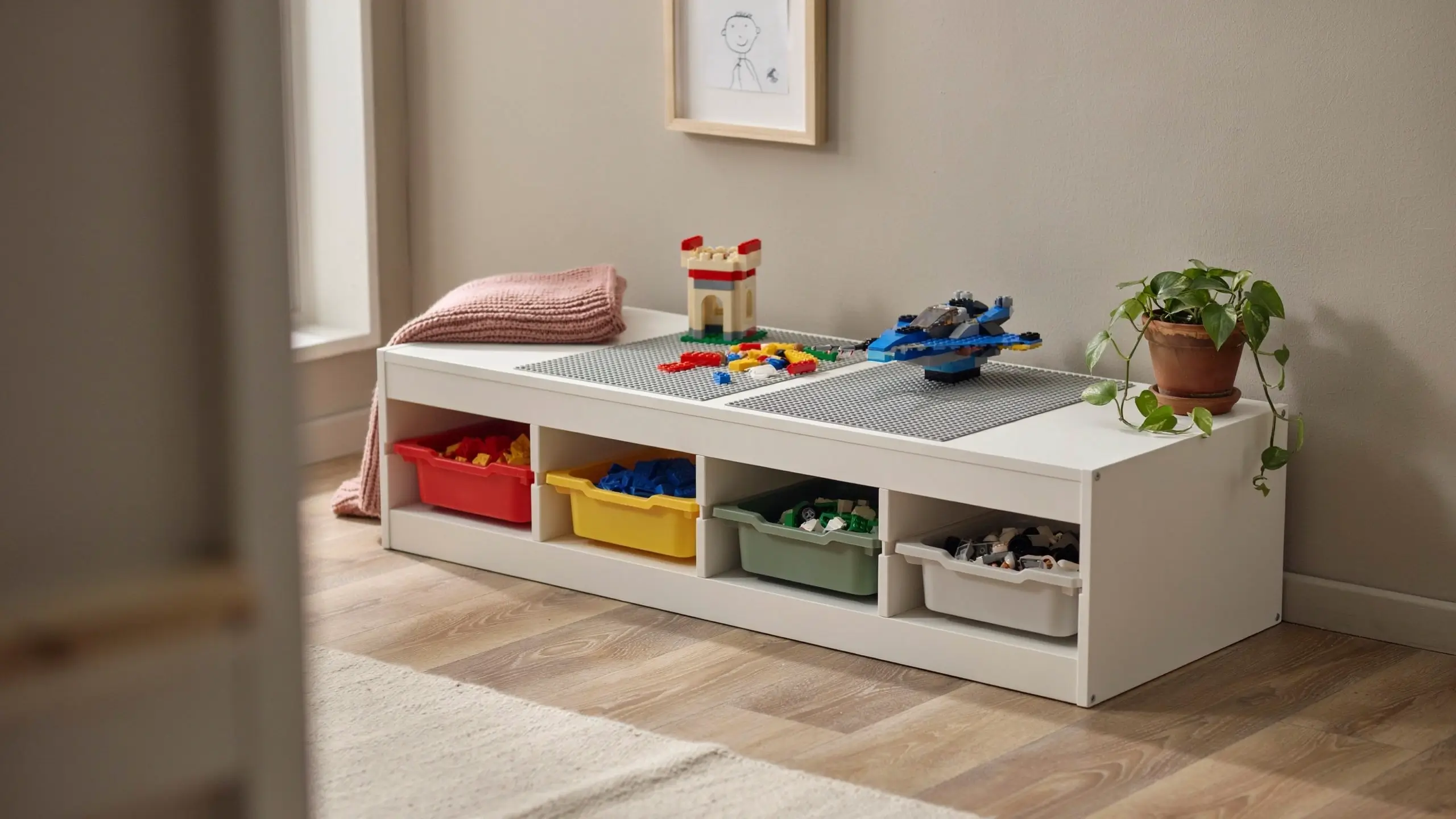 A white IKEA TROFAST storage unit with four colorful plastic sorting bins, repurposed as a LEGO building station with grey baseplates, a castle, and spaceship toy creations in a cozy child's playroom. 