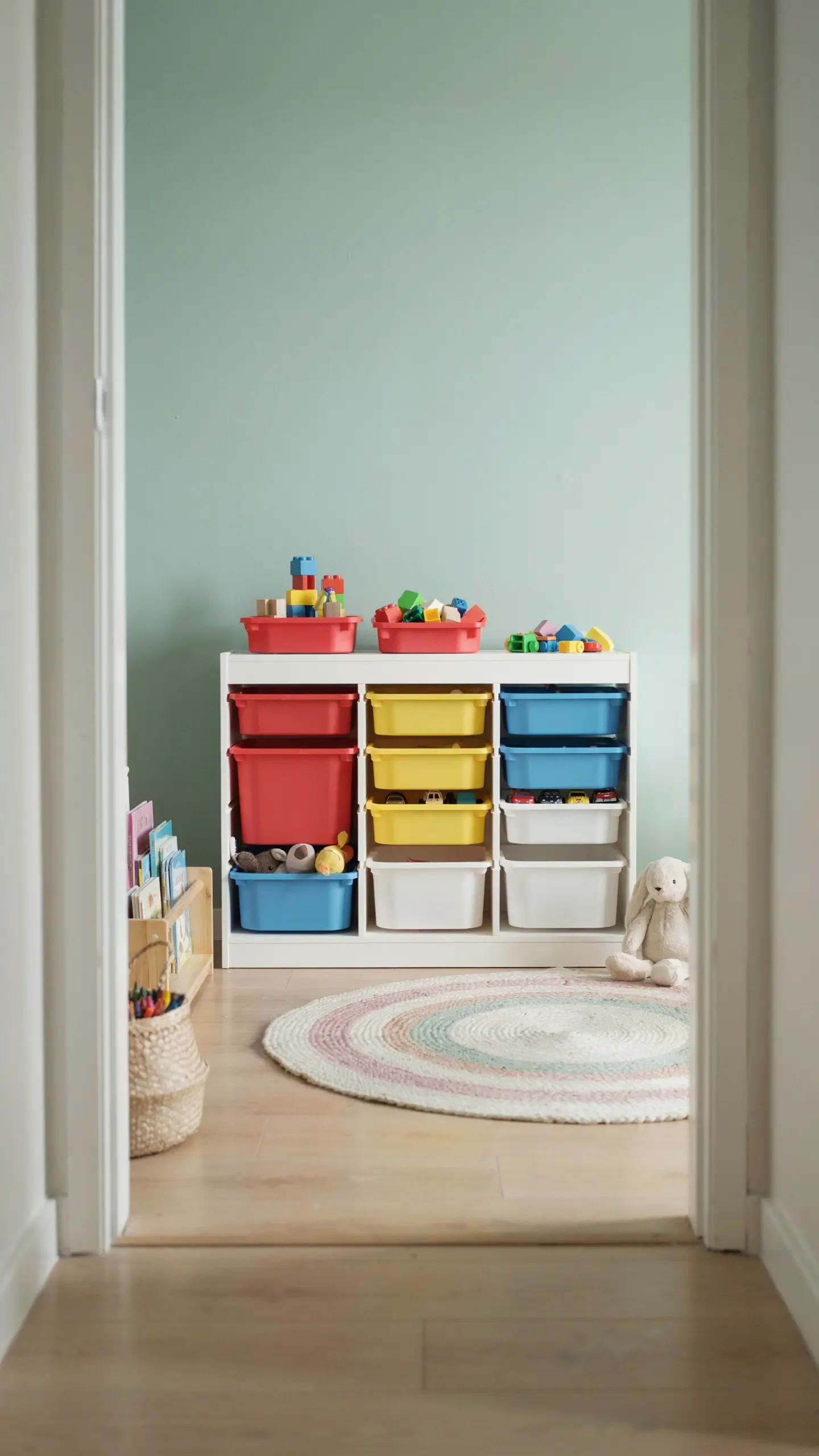 White IKEA TROFAST toy storage unit with colorful red, yellow, and blue plastic bins placed in a bright kids' playroom against a light blue wall. 