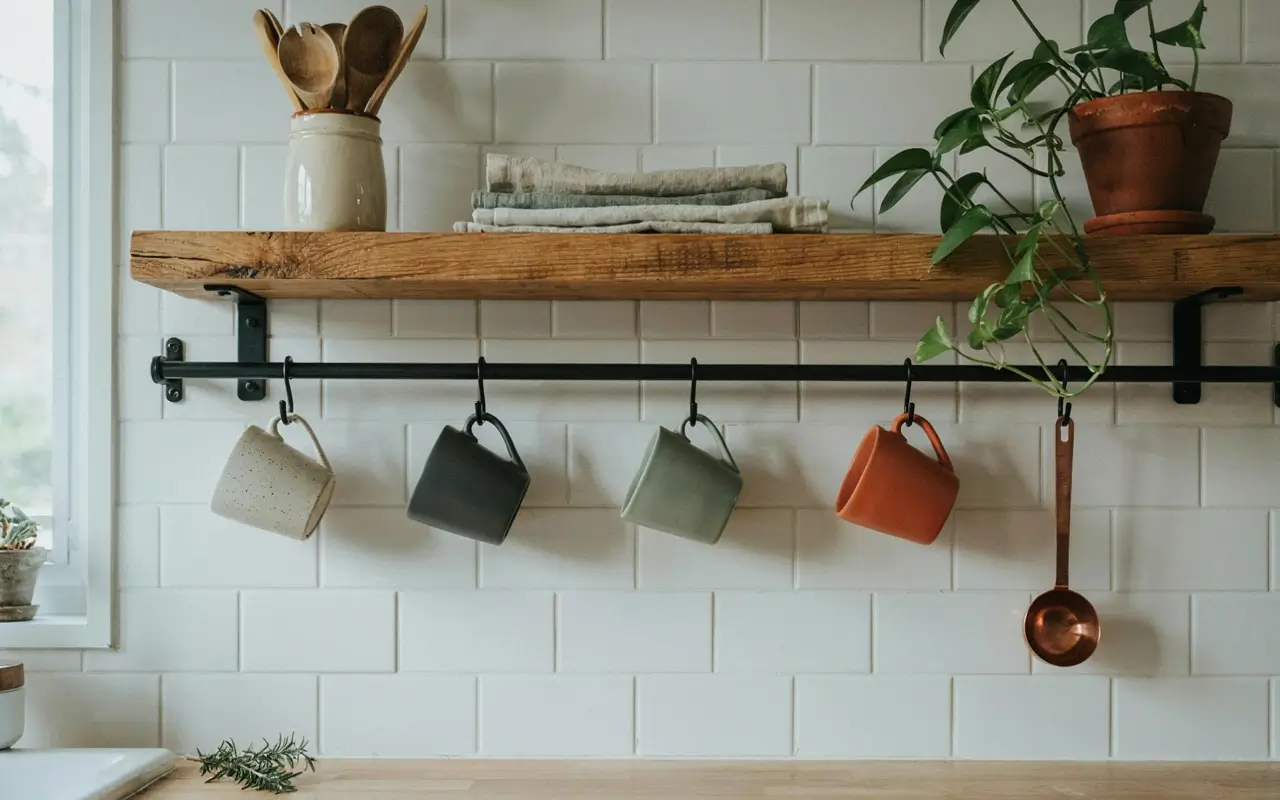 IKEA VADHOLMA rail with S-hooks holding mugs and a copper utensil below a rustic kitchen shelf.