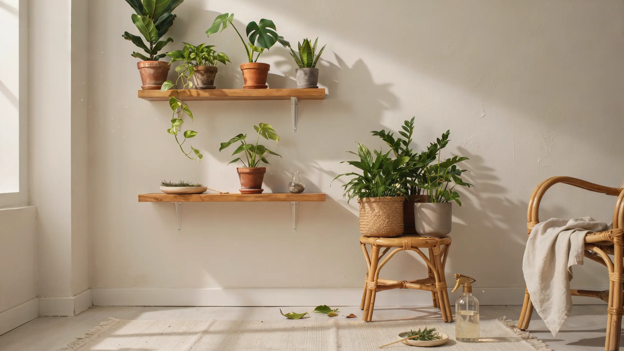 Sunlit indoor houseplant pest-proofing station with wooden shelves holding a Monstera, Snake plant, and trailing Pothos, featuring a cleaning spray bottle and fallen leaves on a white rug for routine plant maintenance