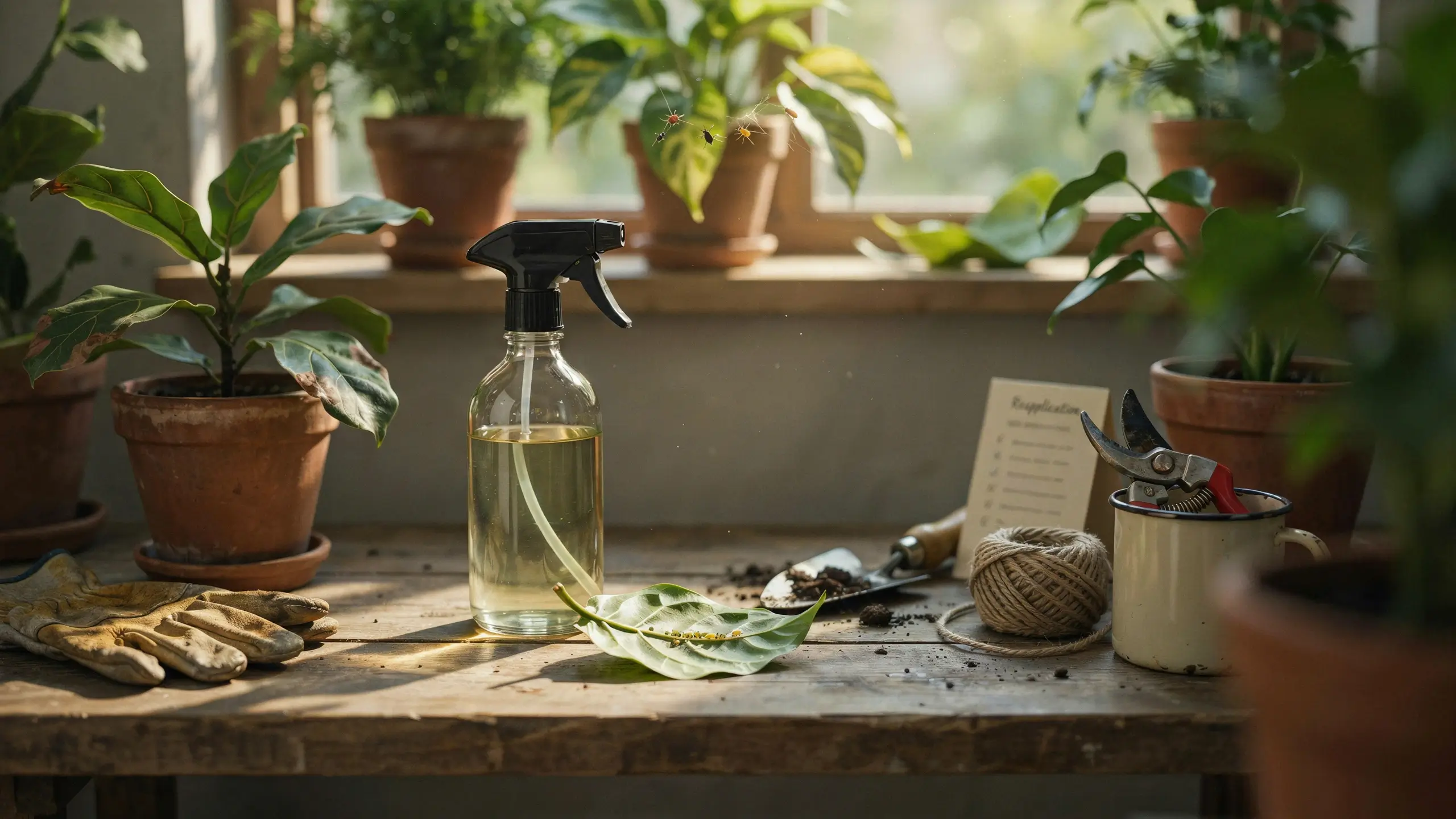 A clear glass spray bottle filled with a liquid insecticide solution rests on a rustic wooden table, next to dirty gardening gloves and pruning shears. A fallen houseplant leaf, covered in tiny visible pests, lies in the foreground, visually illustrating the common plant care errors and missed infestations that cause bugs to return.