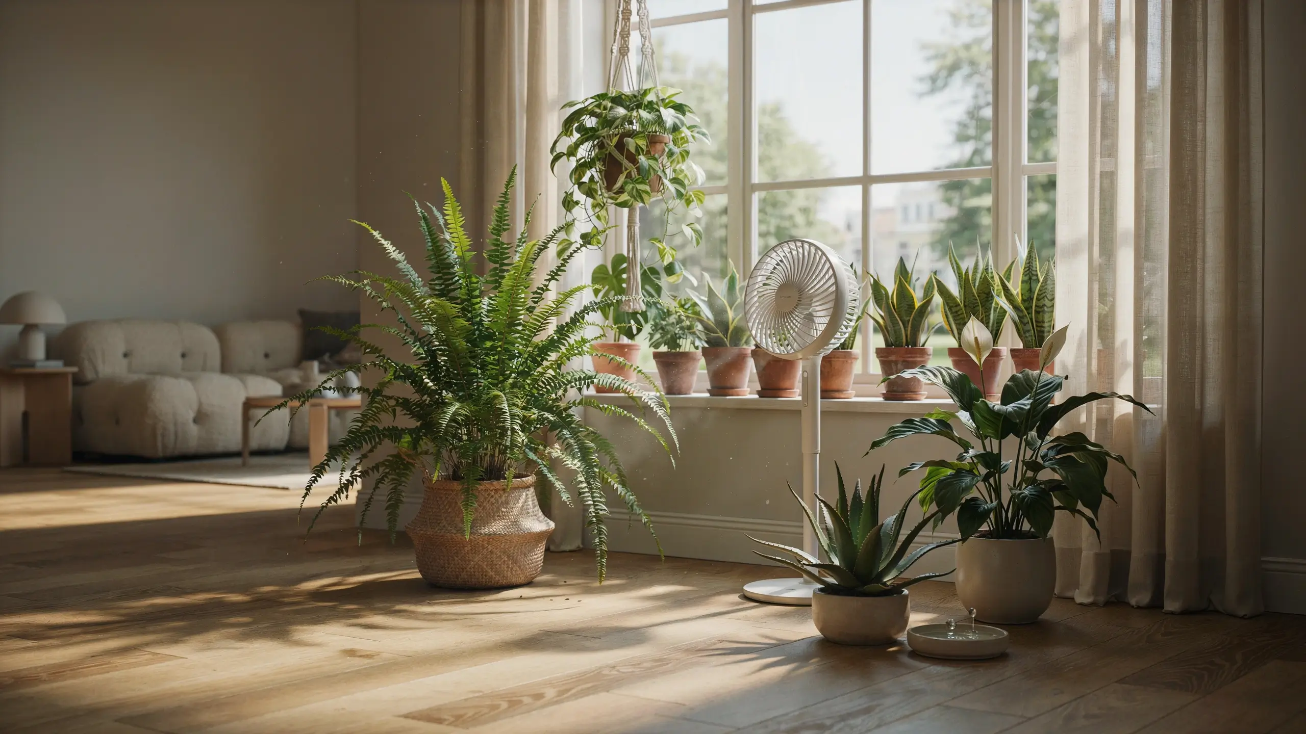 Sunlit living room interior featuring a lush green fern, snake plants on the windowsill, and a white pedestal fan placed near sheer curtains to naturally cool the air. 