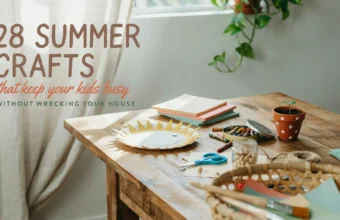 Wooden table with paper plate sun craft, scissors, crayons, and supplies for easy indoor summer kids activities.