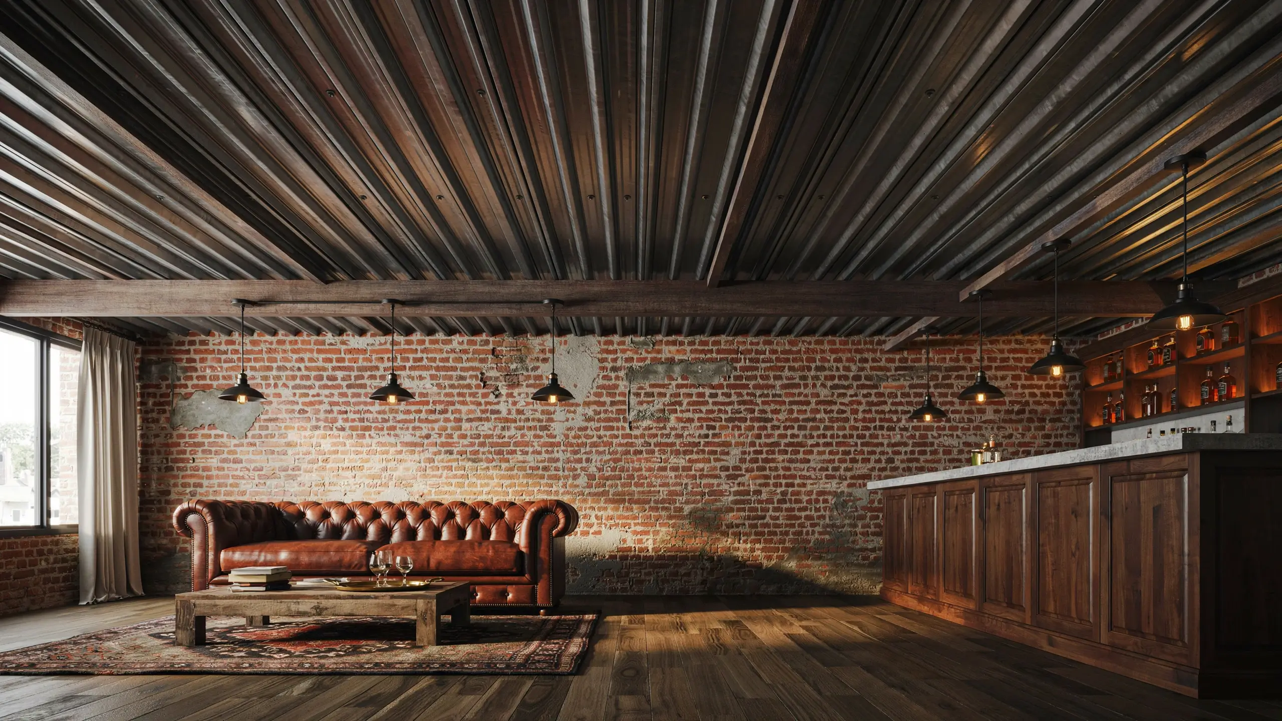 Industrial living room featuring a corrugated metal ceiling, distressed exposed brick wall, brown leather tufted Chesterfield sofa, and a dark wood bar counter illuminated by black pendant lights. 