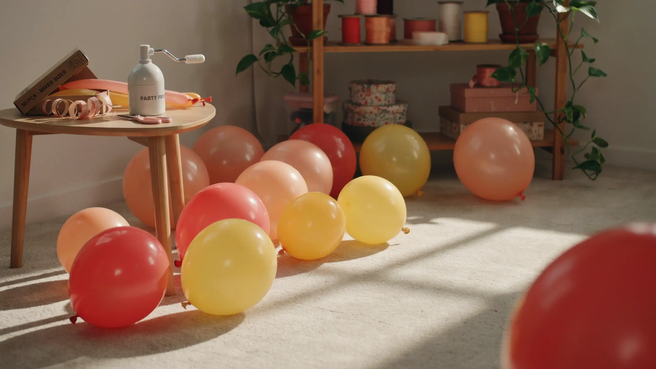 Manual hand pump inflating mixed sizes of red, yellow, and peach party balloons arranged on a wooden table, alongside curling ribbon and a balloon storage box for event preparation.