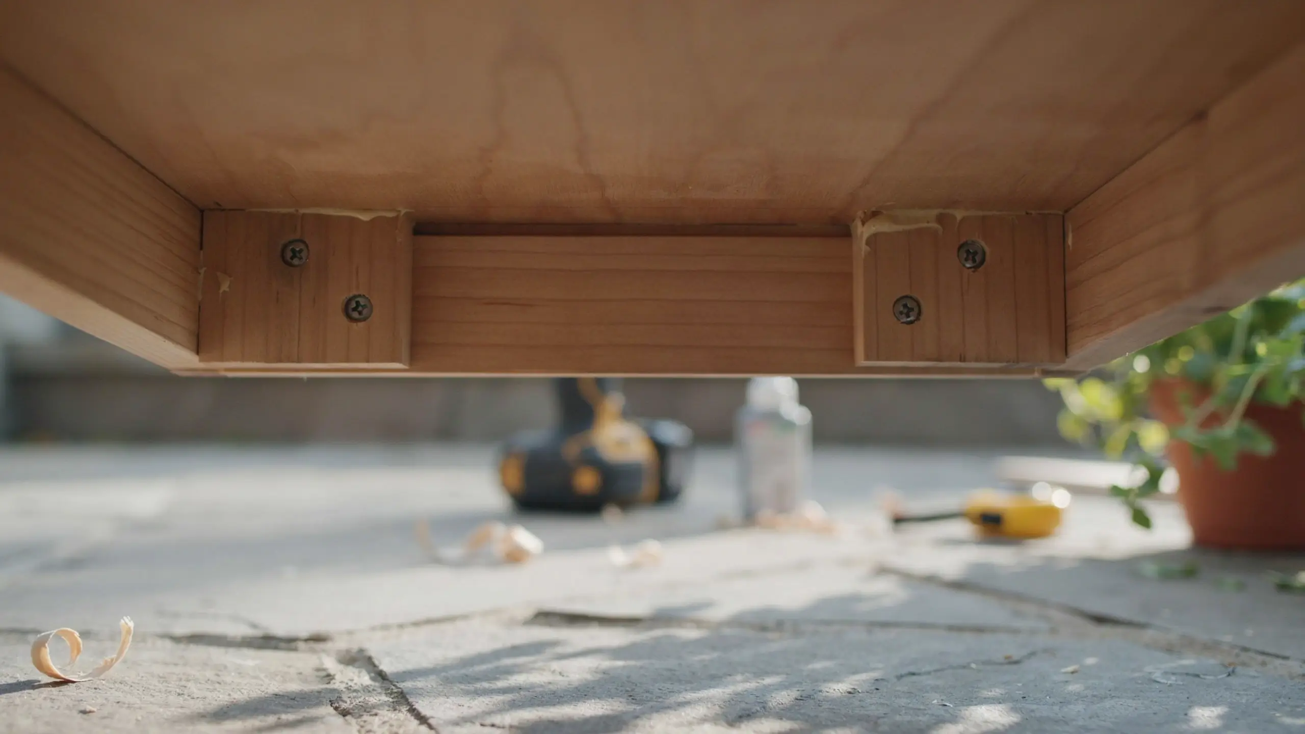 Underside close-up of a wooden furniture apron showing corner blocks secured with wood screws and visible wood glue squeeze-out, used to reinforce the structure for attaching small corner feet.