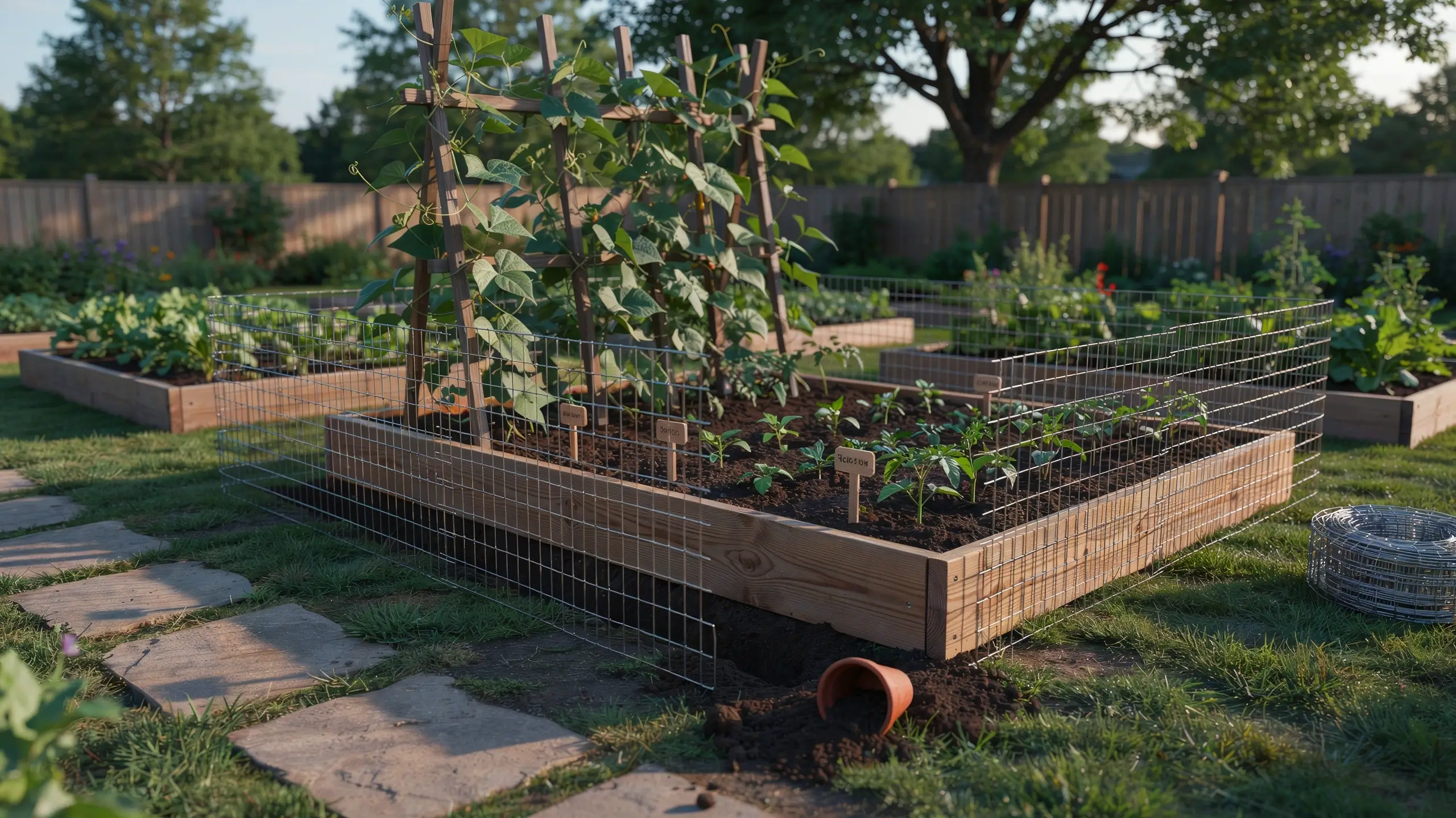 A raised wooden vegetable garden bed in a backyard equipped with humane snake-proof wire mesh fencing. The protective mesh is buried into the soil and wrapped around the outer wooden frame to prevent snakes from burrowing underneath or climbing over. Inside the bed, a wooden trellis supports climbing vines alongside small leafy greens