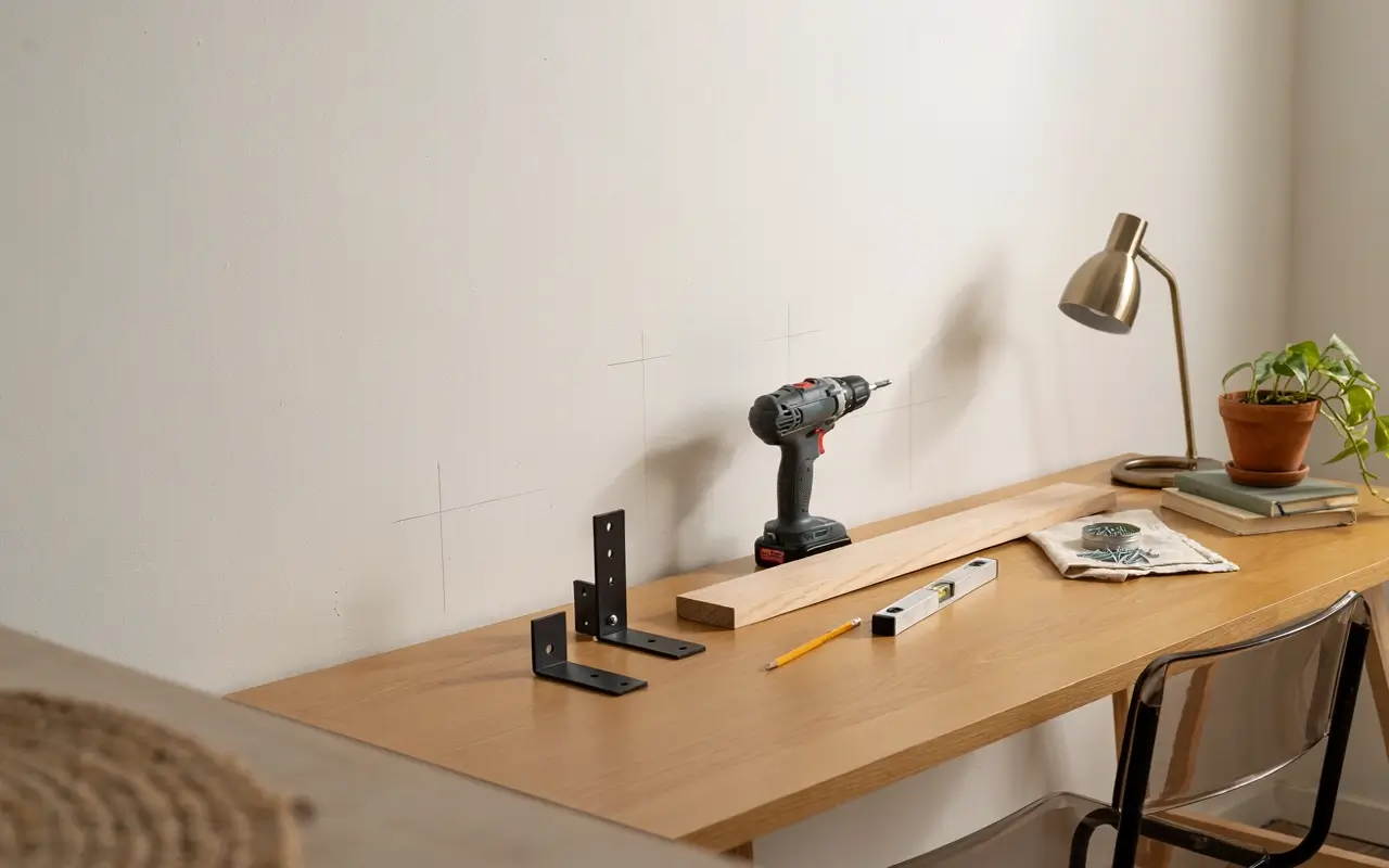 Drill, brackets, and level on a desk for installing wall shelving that requires landlord approval.