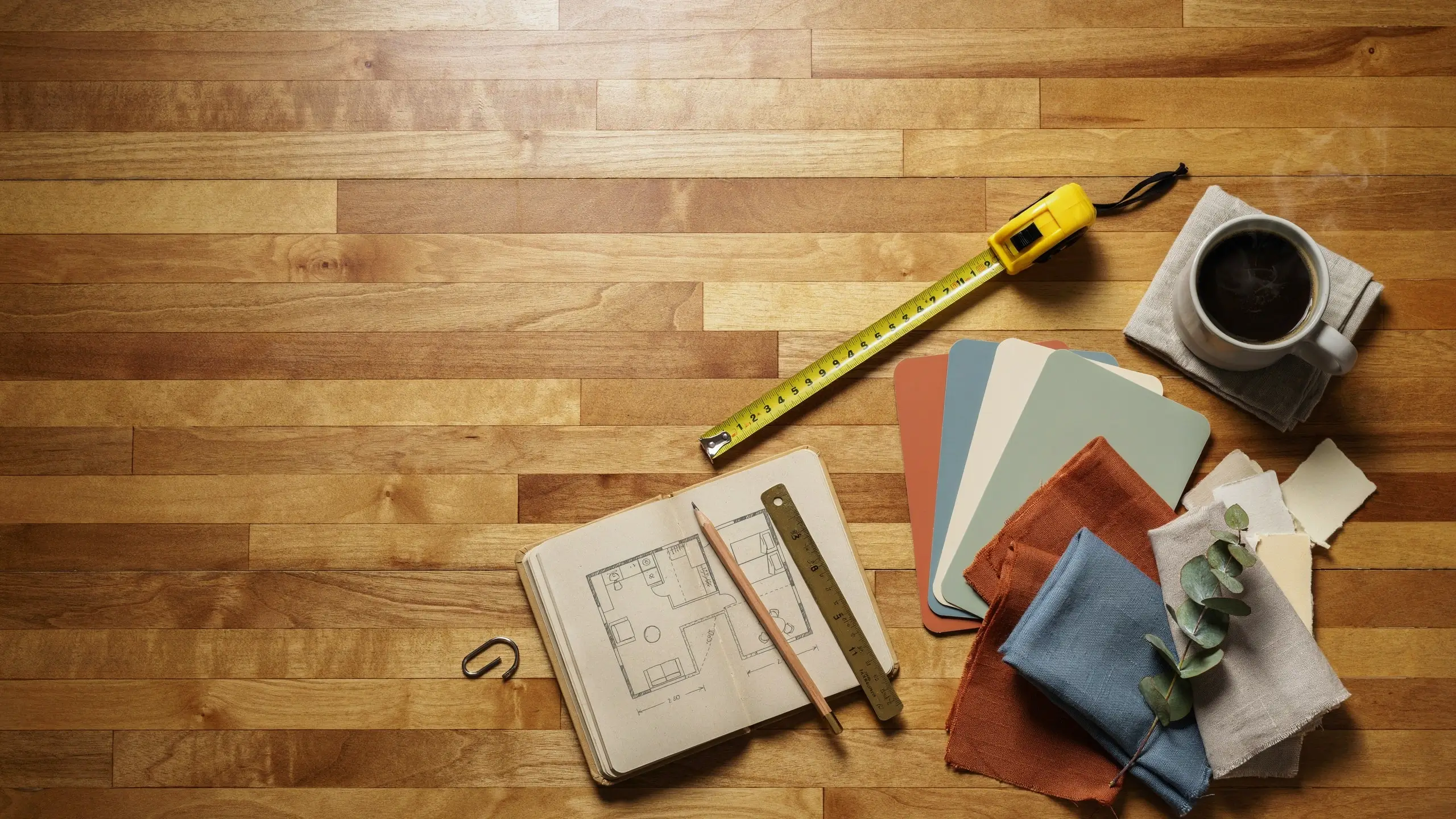 Flat lay of home renovation planning essentials showing an open sketchbook with a drawn floor plan schematic, a yellow measuring tape, a set of paint color swatches in terracotta, slate blue, and sage green, along with matching textured fabric samples on a hardwood floor.