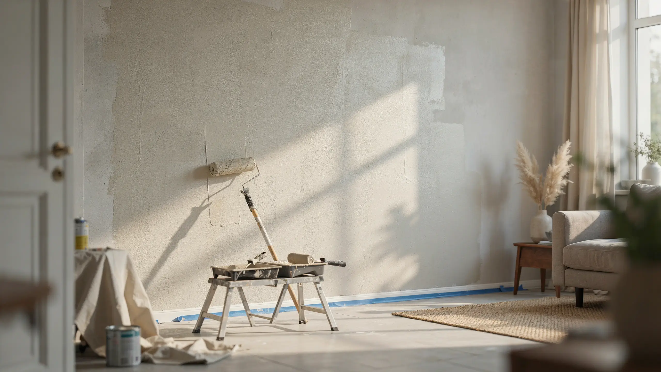 A paint roller and tray standing on a metal scaffold, ready for priming a sunlit living room wall during a DIY makeover.