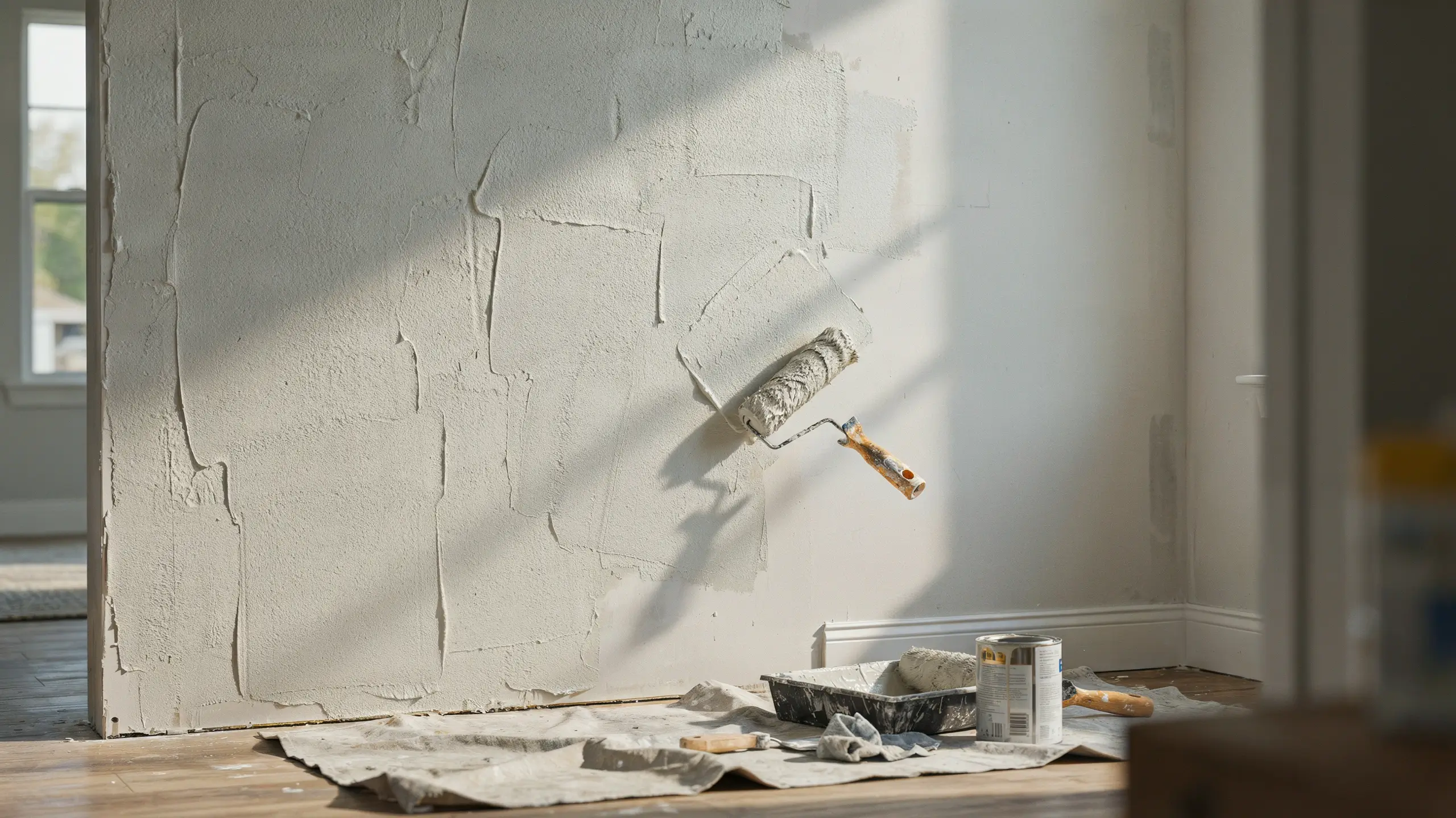 Close-up of a paint roller applying white paint to a textured, patched interior wall during a DIY home renovation, with paint tray and can ready on a drop cloth.